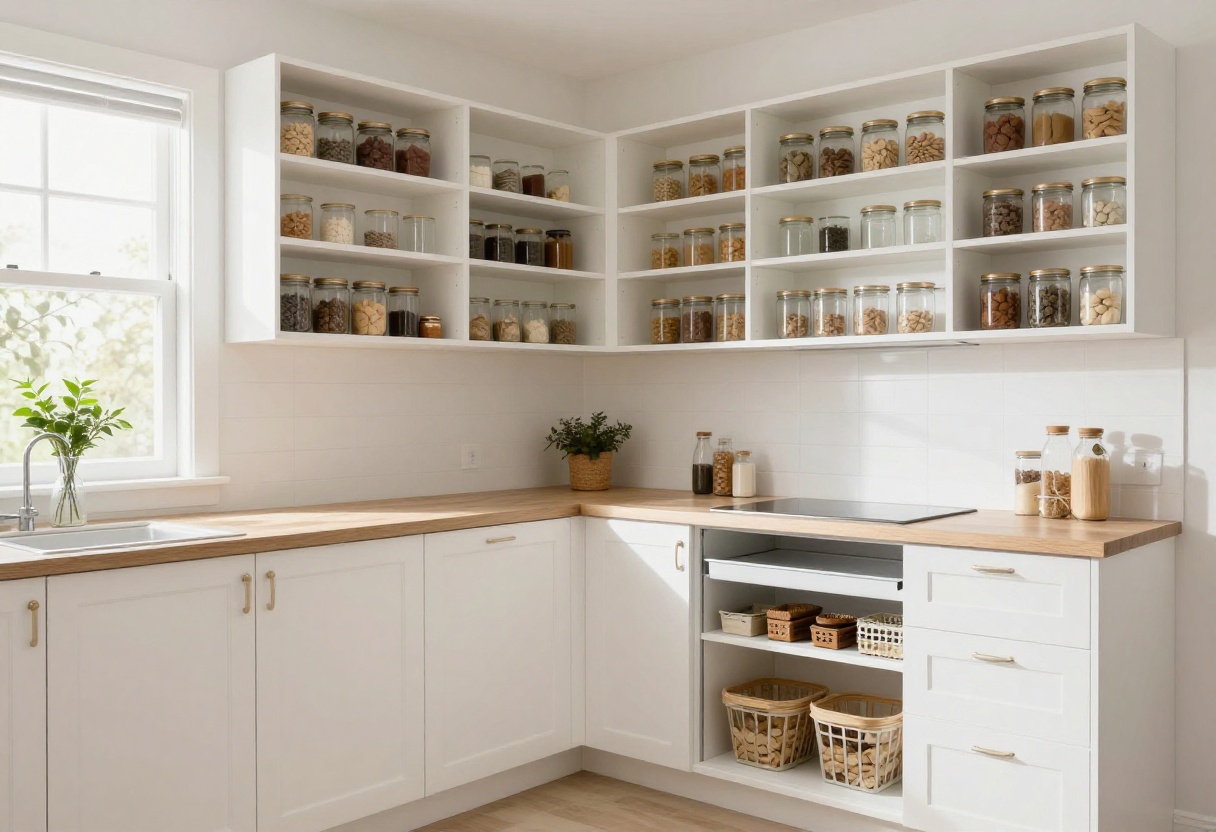 Organized L shaped pantry with pullout shelves and clear jars