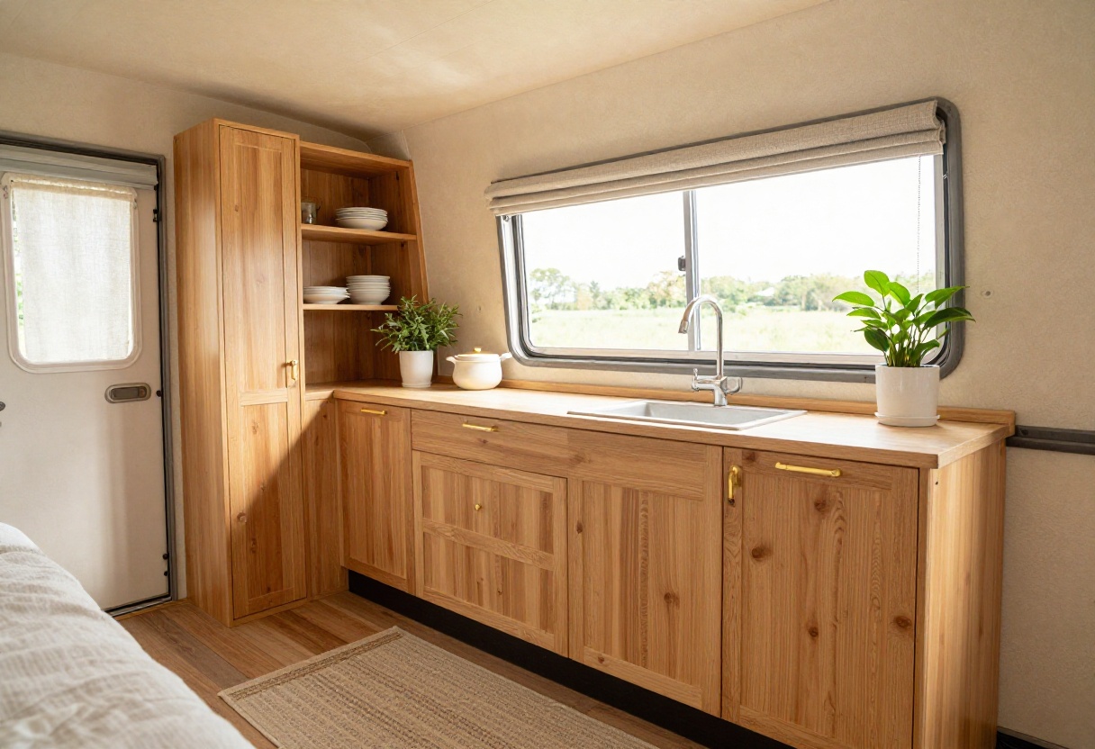 Cozy caravan kitchen with open shelving, rug, and natural light