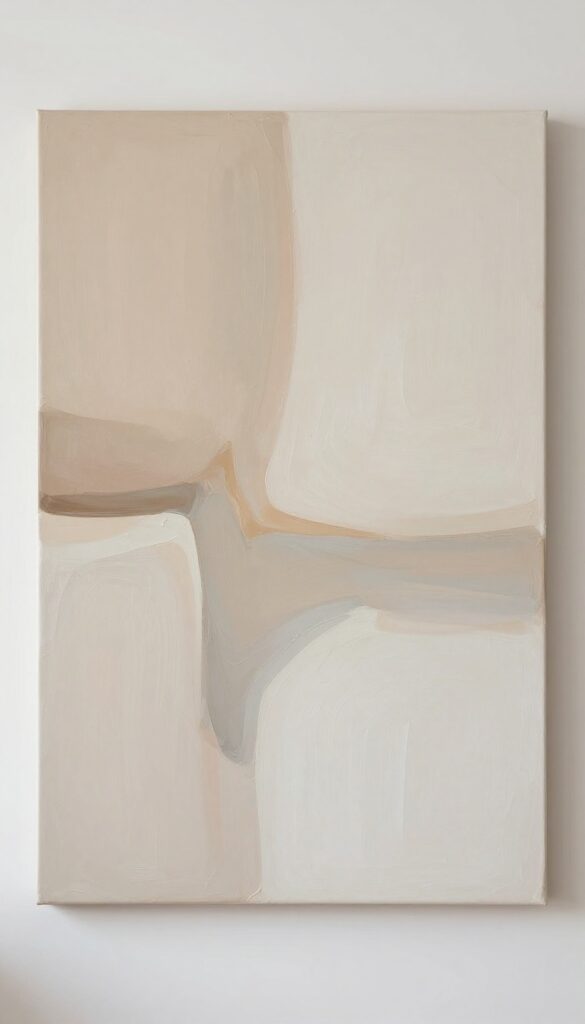 Large abstract canvas art in neutral tones hanging on a kitchen wall with soft natural light