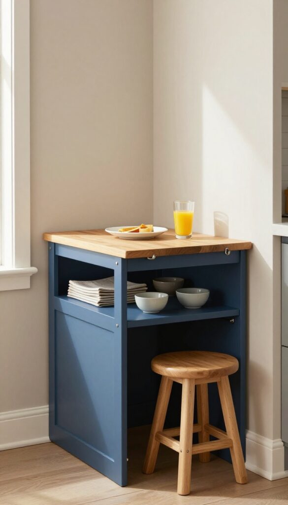 Fold-down table with built-in storage cubby in a narrow kitchen eating area, set for breakfast with natural light.