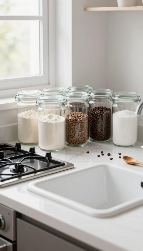 Slim clear glass canisters with flour, sugar, and coffee arranged on a clean kitchen counter between stove and sink, bright natural light.