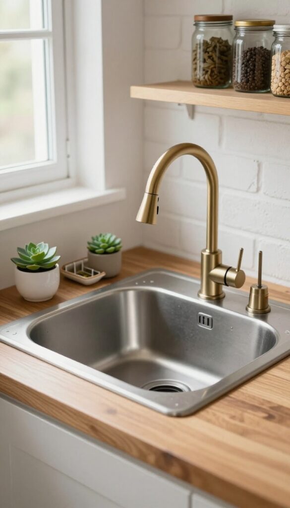 Compact prep sink with gooseneck faucet on butcher block counter in small basement kitchen, natural light from window above.