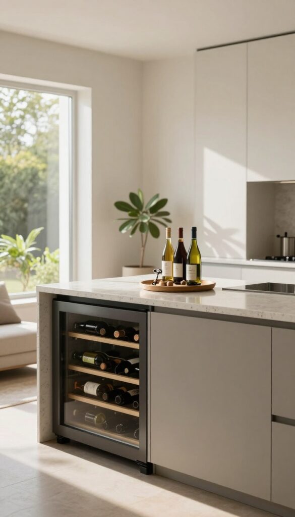 Modern kitchen island with built-in wine fridge and countertop wine rack, natural light, minimalist decor