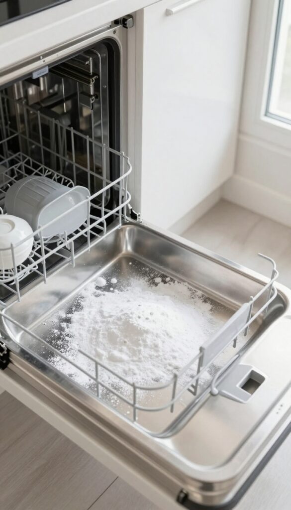 Open dishwasher with baking soda sprinkled on the bottom, ready for a cleaning cycle