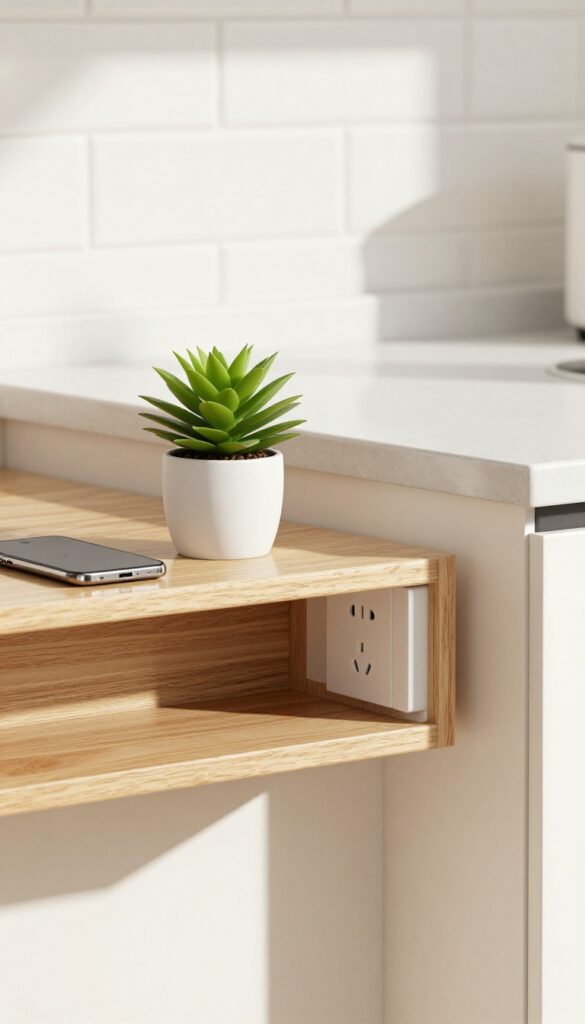 End of kitchen cabinet with a slim wooden shelf and built-in charging outlet, holding a phone and a small plant, bright natural light.