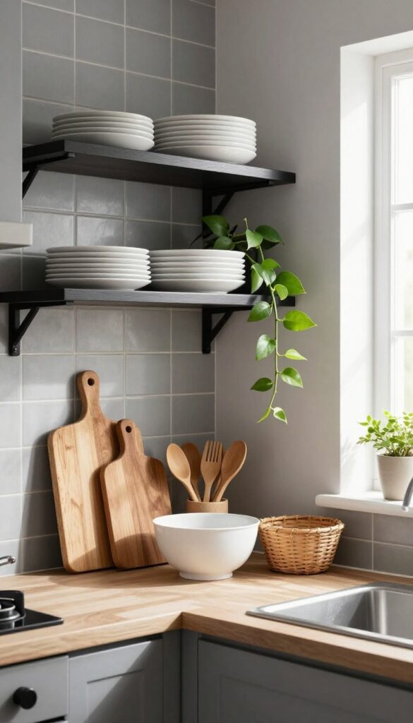 Black metal open shelves with white ceramics, wooden cutting board, and trailing pothos plant against grey kitchen wall