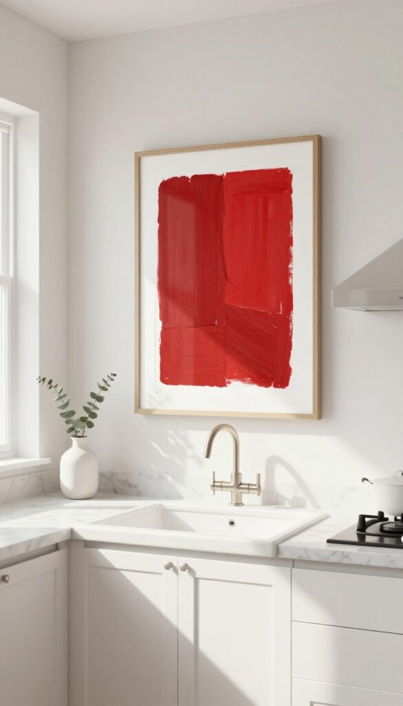 Red abstract artwork hanging above a kitchen sink in a bright, airy white kitchen