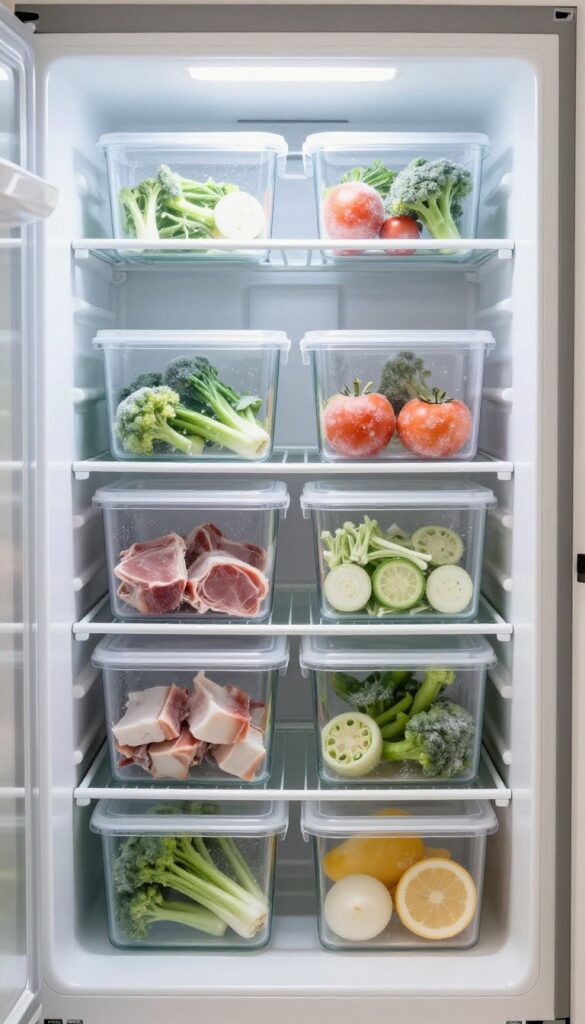Open freezer with clear stackable bins organizing frozen food