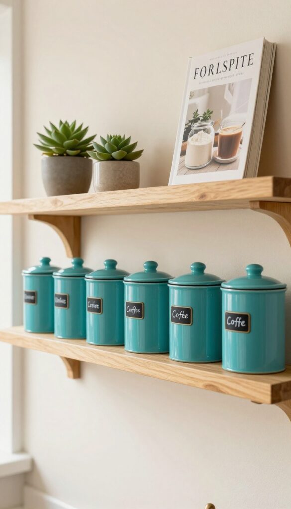 Open shelves with colorful teal canisters, a small plant, and a cookbook in a bright kitchen.