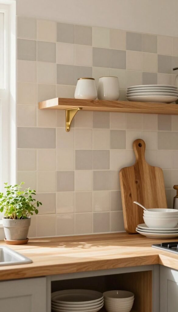 Neutral checkerboard backsplash in cream and warm gray subway tiles, with natural wood shelves and brass fixtures in a warm kitchen.