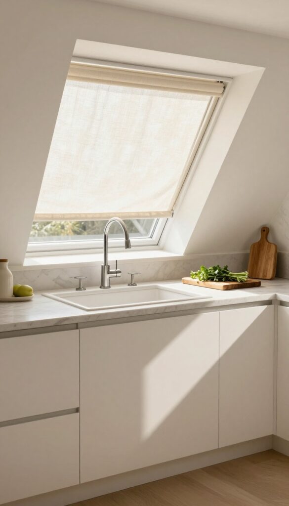 Bright kitchen with skylight and light-filtering shades partially drawn, white cabinets, marble countertops, fresh herbs on cutting board.