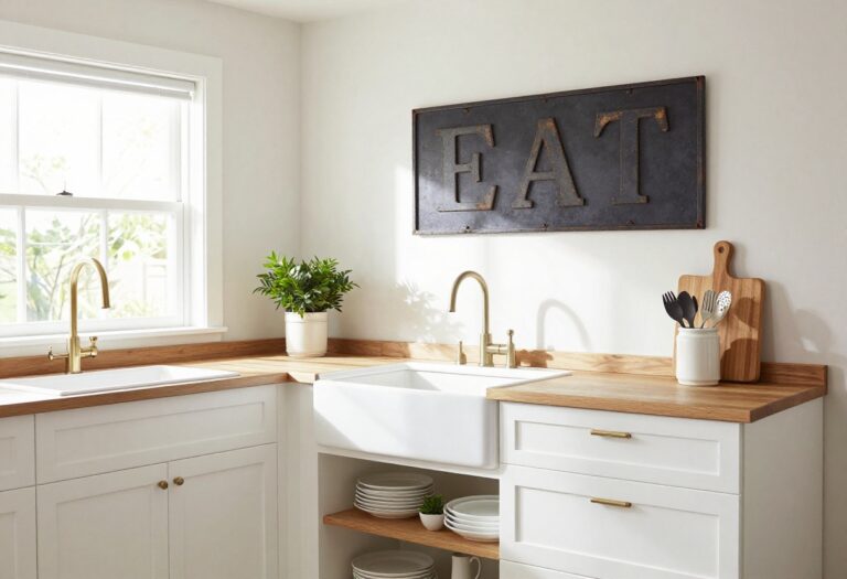 Farmhouse kitchen with open shelving and a vintage 'EAT' sign on the wall