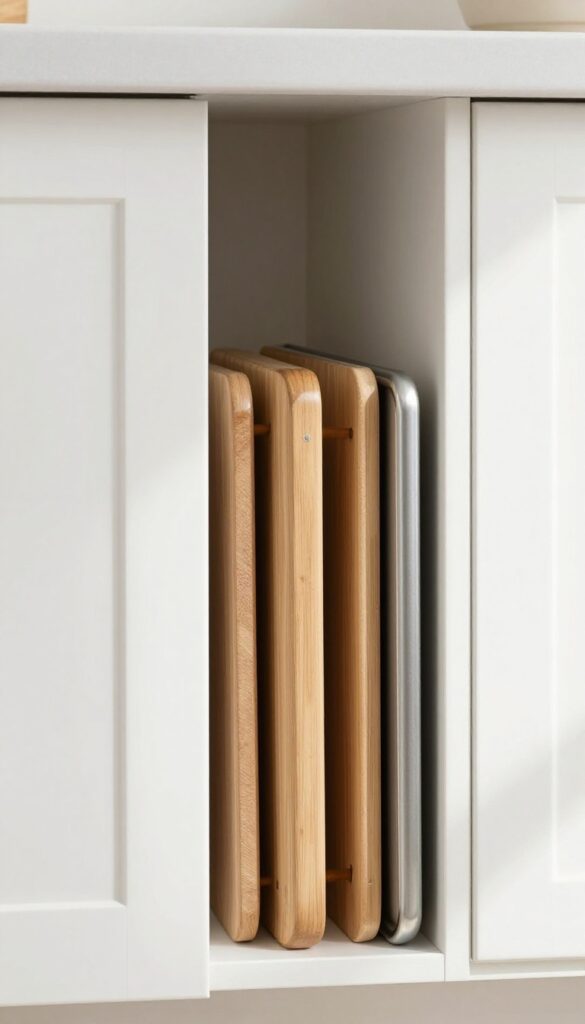 Vertical kitchen niche with wooden dividers storing cutting boards and baking trays, natural light, clean and organized.
