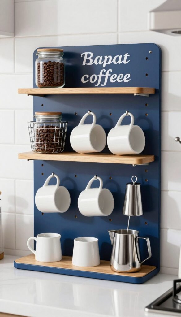 A navy blue pegboard above a coffee maker holds white mugs, a small shelf with coffee beans, a basket of pods, and a magnetic frother, all styled on a white kitchen backsplash.