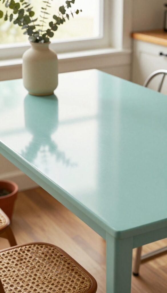 Close-up of a glossy teal kitchen table with reflective surface, terracotta planter, and natural light in a cozy breakfast nook
