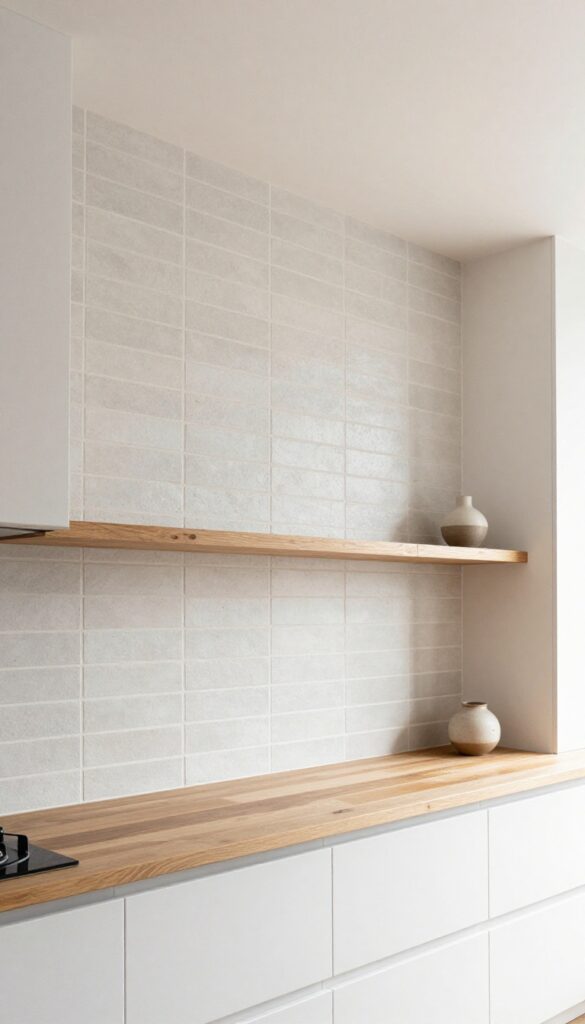 A bright kitchen with a brick backsplash that extends to the ceiling, creating a vertical focal point behind a stove and open shelving.
