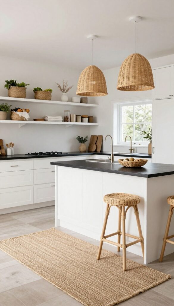 Black and white kitchen with jute rug, rattan pendants, and woven baskets on shelves