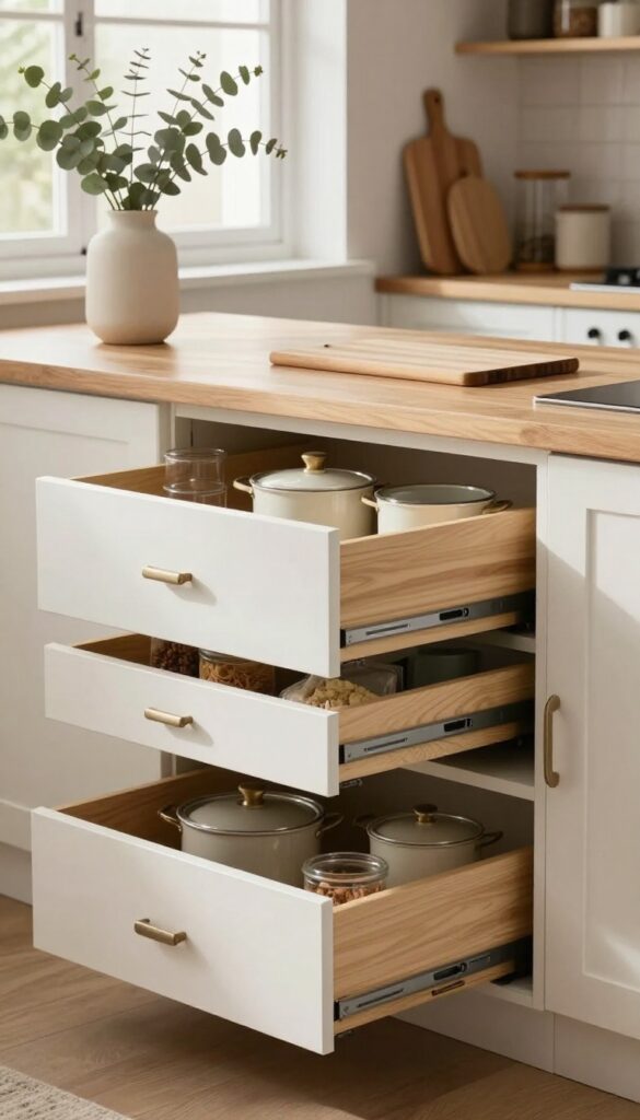 Deep pull-out drawers on kitchen peninsula seating side, organized with pots and dry goods, warm natural light, shaker-style fronts.