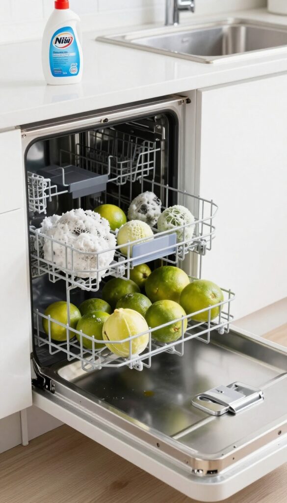 Open dishwasher with limescale buildup and a commercial descaler bottle on the counter
