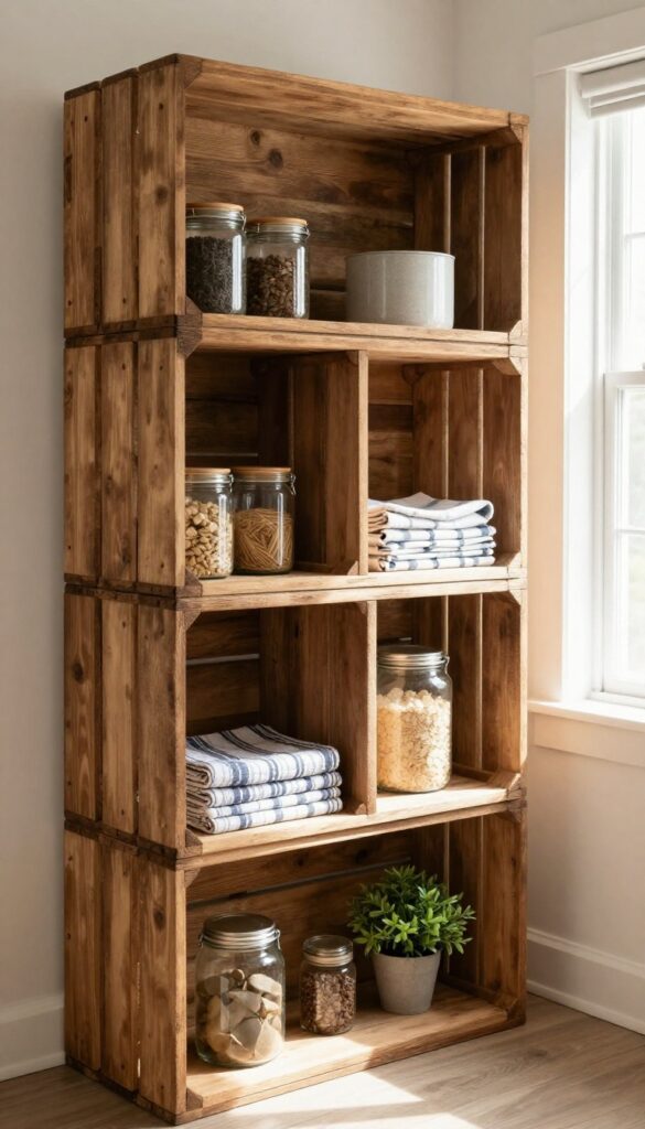Open shelving with wooden crates in a farmhouse pantry, warm and inviting with natural light