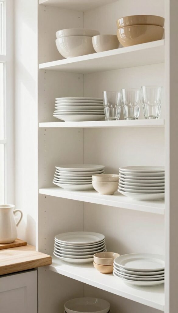 Open shelving in a bright kitchen with neatly stacked everyday ceramics and natural accents