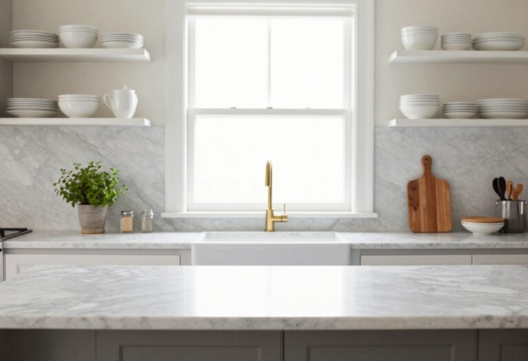 Bright kitchen with marble countertop and backsplash, open shelving, and herb plant