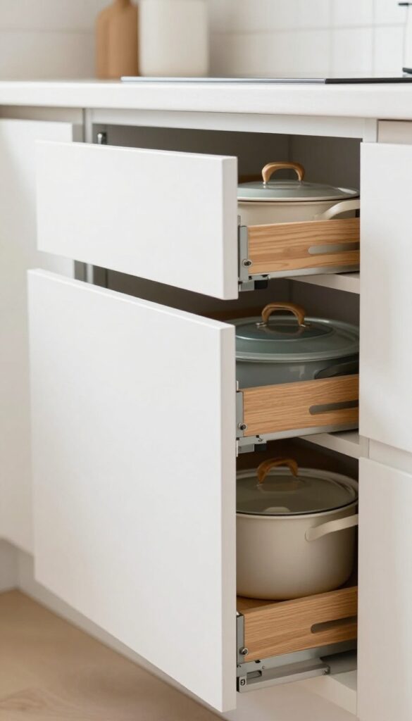 Deep drawers in a narrow hallway kitchen, open to reveal organized pots and pans with dividers, bright natural light.