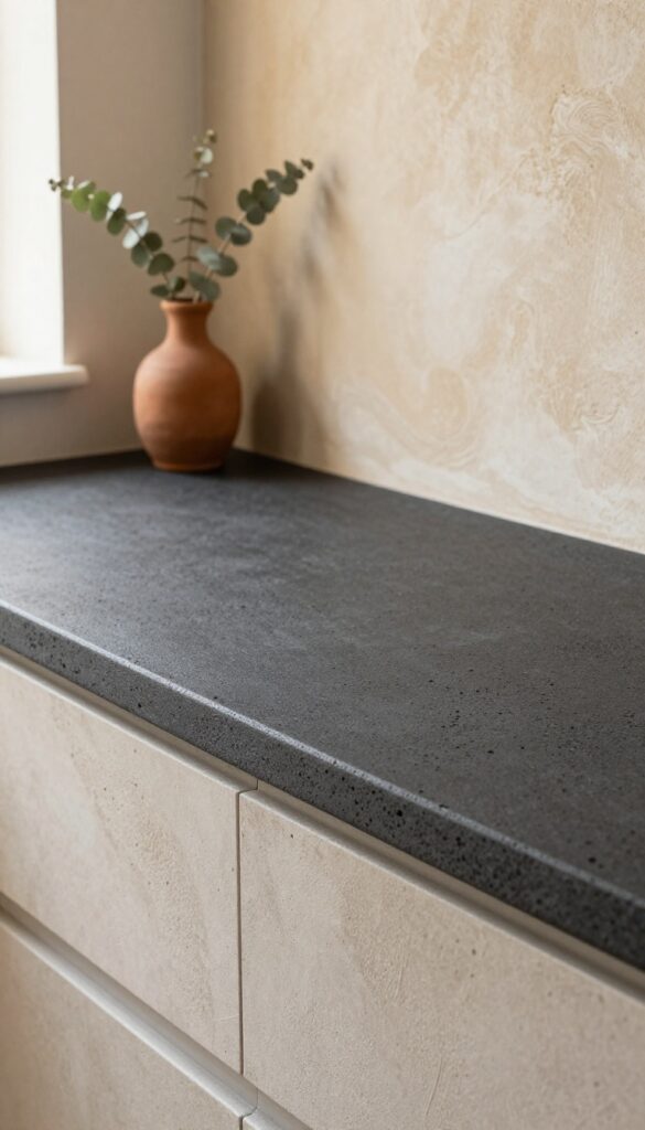 Close-up of lava stone counter and textured plaster backsplash in warm clay tones, with terracotta vase and dried eucalyptus
