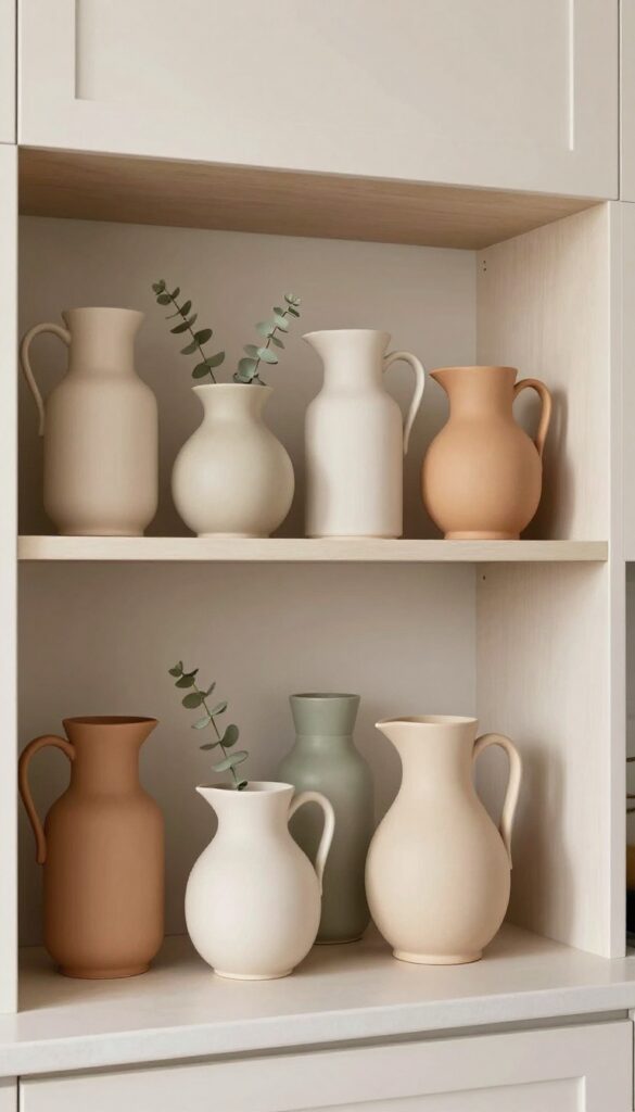 Ceramic pitchers and stoneware jugs lined up above kitchen cabinets in earthy neutral tones with dried eucalyptus, natural light, warm and lived-in style.