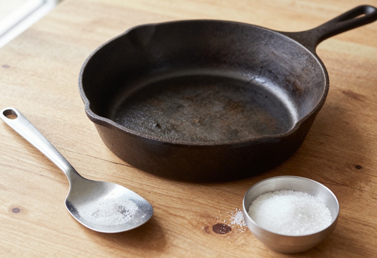 Well-seasoned cast iron skillet with salt and spatula on a wooden table