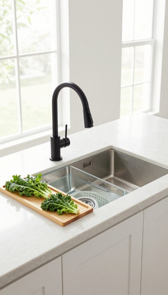 Two-basin kitchen island sink with offset disposal, wooden drying rack, and fresh kale.