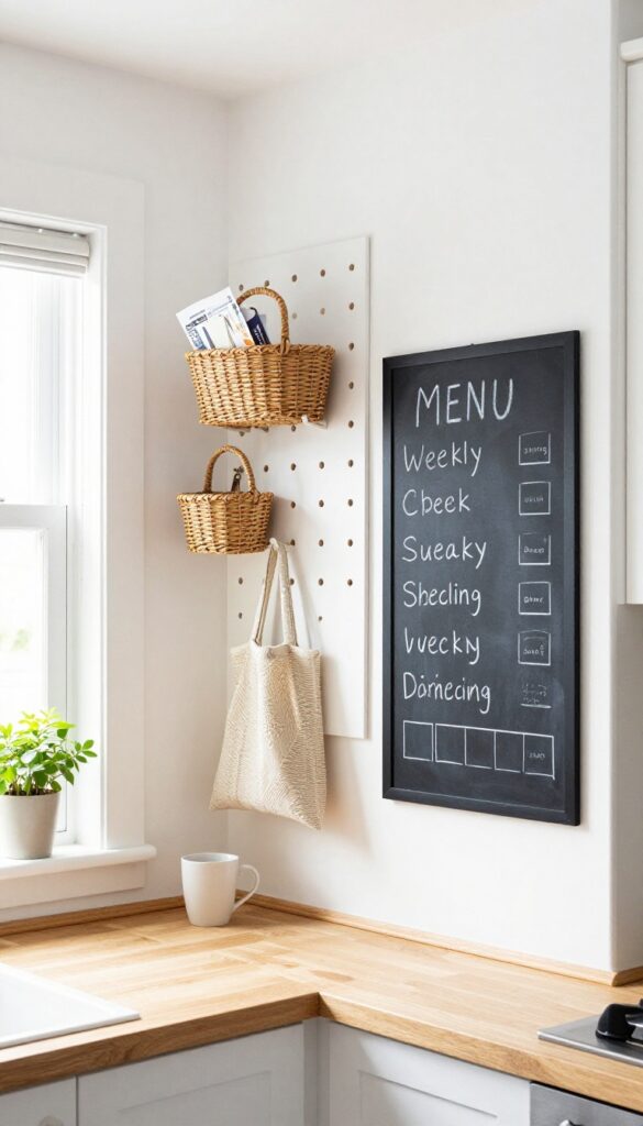 Pegboard message center in a bright kitchen with chalkboard, calendar, baskets, and hooks.