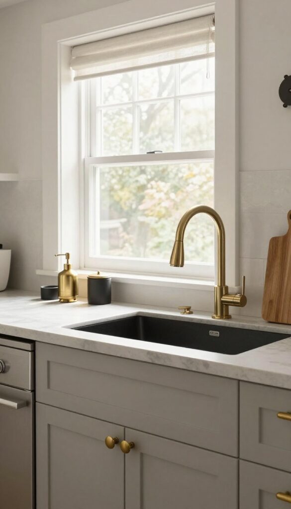 White and grey kitchen with mixed metal finishes: brass knobs and faucet, matte black sink and hood, stainless steel appliances, warm natural light.