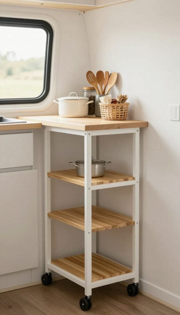 Slim rolling cart with bamboo shelves tucked into a narrow gap in a bright campervan kitchen