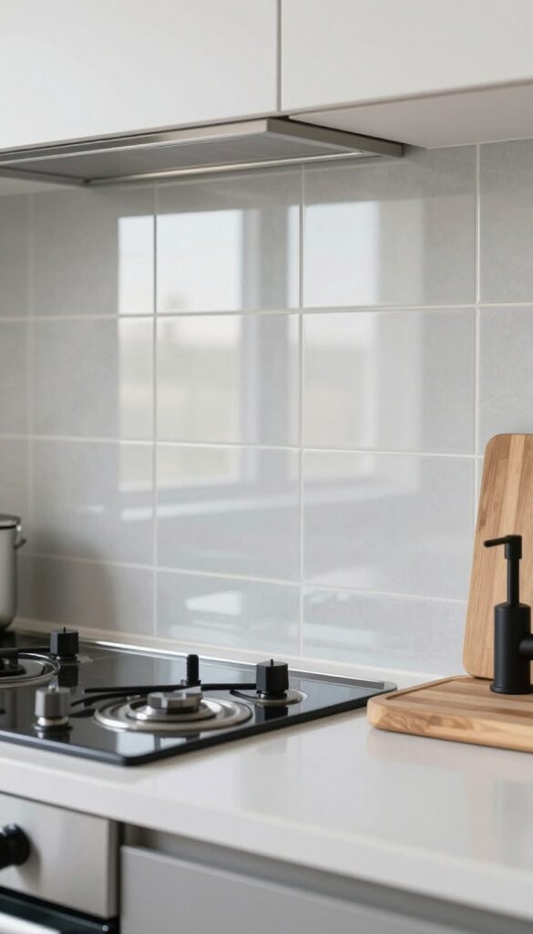 Mirror tile backsplash behind stove in small kitchen with natural light reflection