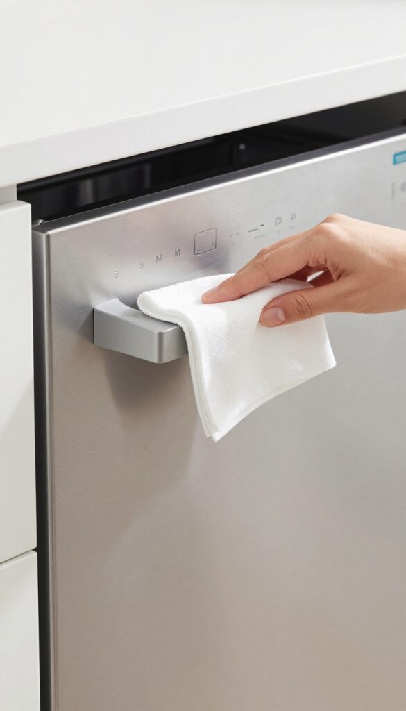 Person wiping dishwasher control panel with a microfiber cloth