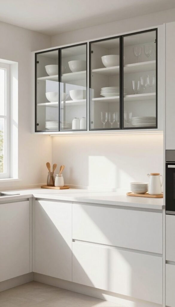 White kitchen cabinets with black-framed glass doors, neatly styled dishes inside, warm under-cabinet lighting, bright natural light.