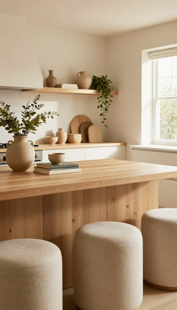 Light oak kitchen island with open shelving displaying ceramics and plants, upholstered stools, warm natural light.