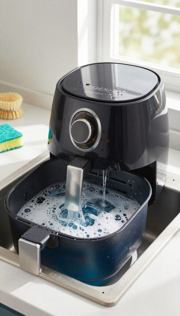 Air fryer basket soaking in hot soapy water with Dawn dish soap drops on greasy spots