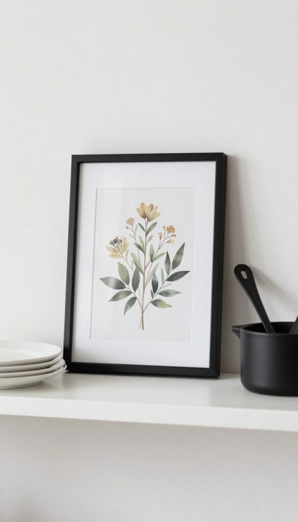 Kitchen open shelf with a small framed botanical print, white plates, and black utensil crock in natural light