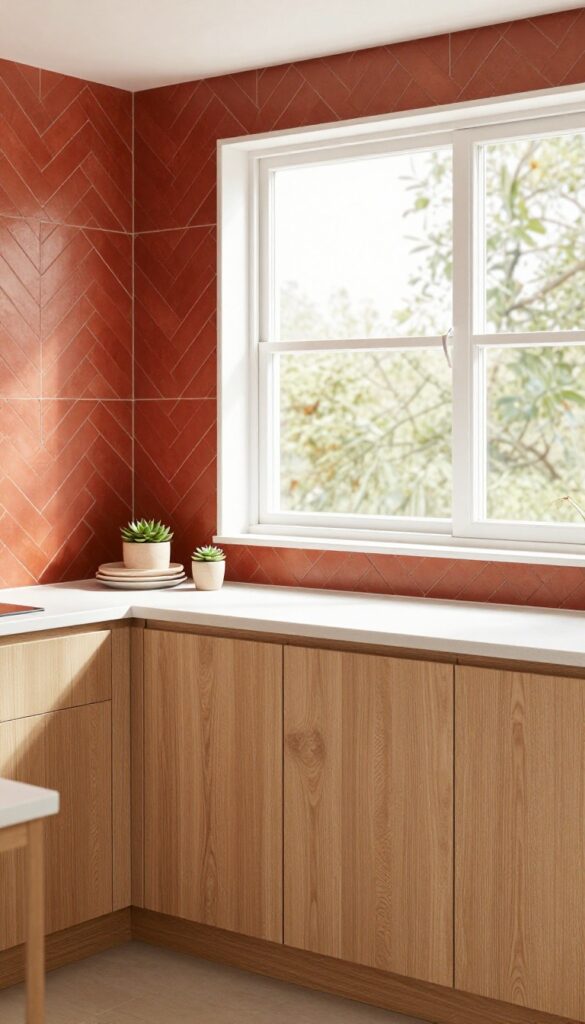 Close-up of a terracotta herringbone backsplash in a bright kitchen with cream countertops and natural wood cabinets.