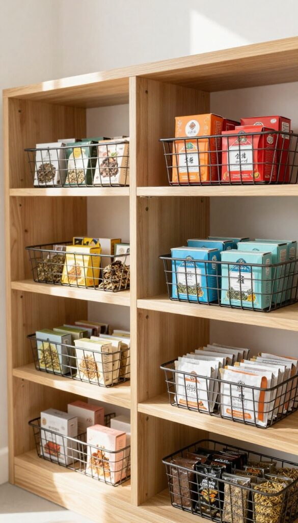 Under-shelf baskets clipped to a pantry shelf, holding tea boxes and seasoning packets.