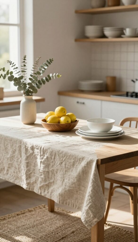 Light and airy kitchen table with linen tablecloth, white dishes, wooden bowl of lemons, and jute rug, styled for a calming, natural look.