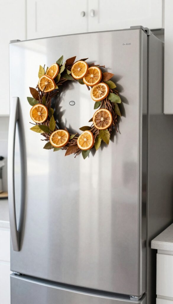 Small magnetic wreath on refrigerator door with dried orange slices and fabric leaves