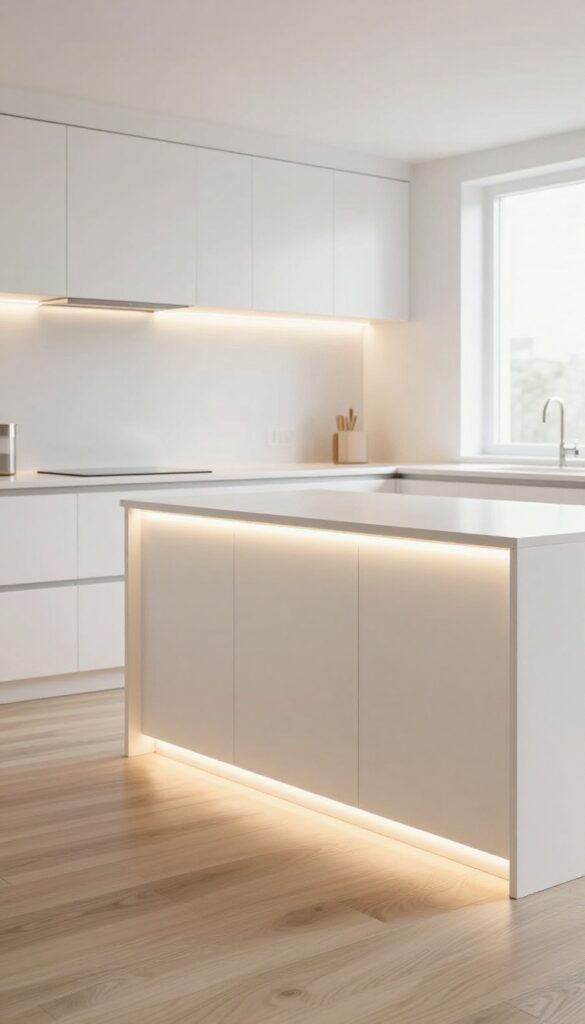 Close-up of a kitchen island with warm rope light under the counter overhang, casting a soft glow on the floor and cabinets.