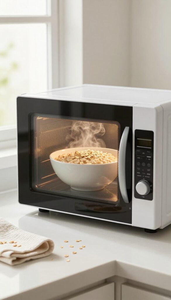 Microwave with open door showing a bowl of oatmeal inside, steam rising, with a damp cloth on the counter.