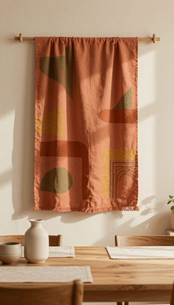 A fabric wall hanging with earthy geometric pattern above a kitchen table, natural light, warm decor.