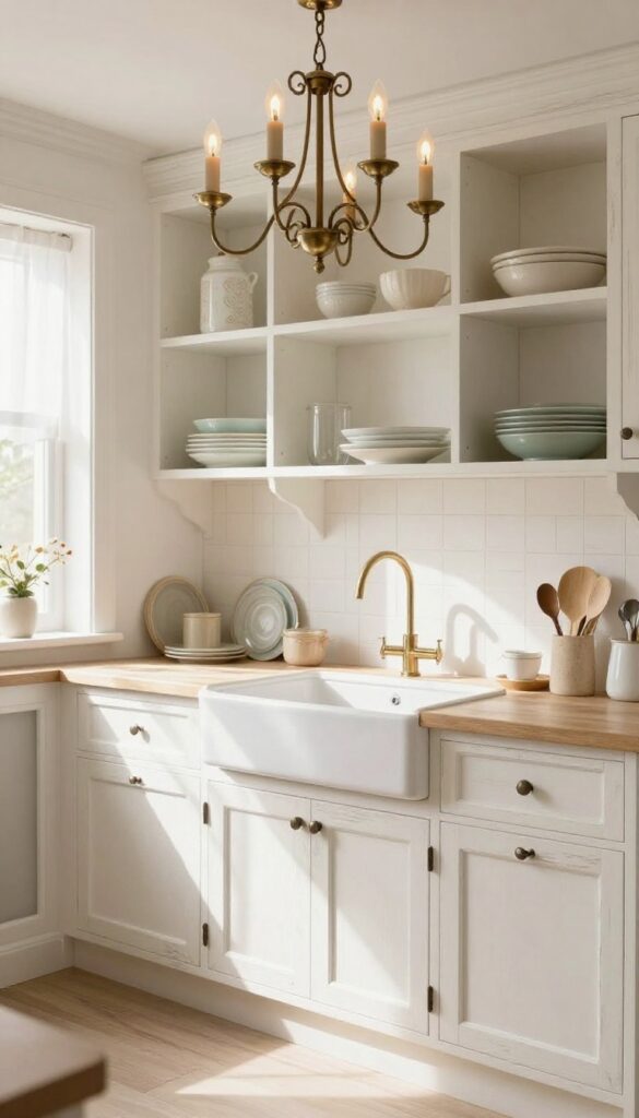 Shabby chic kitchen with a candle-style chandelier above the sink