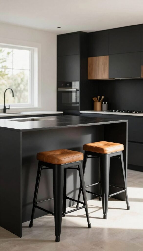 Black bar stools with cushioned seats at a modern black kitchen island, warm natural lighting, photorealistic style.