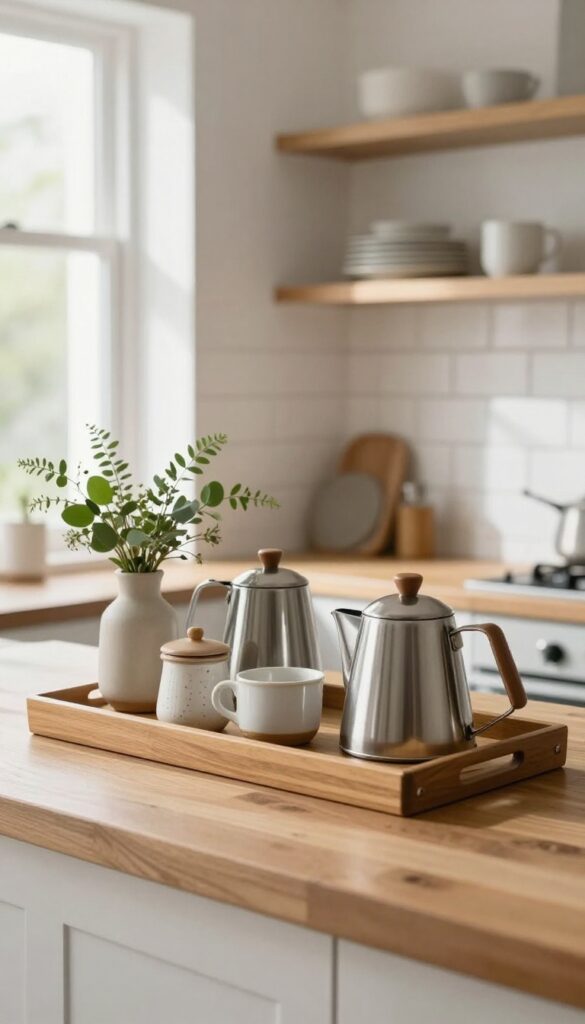 Cozy kitchen coffee station with wooden tray, kettle, mugs, and greenery on countertop